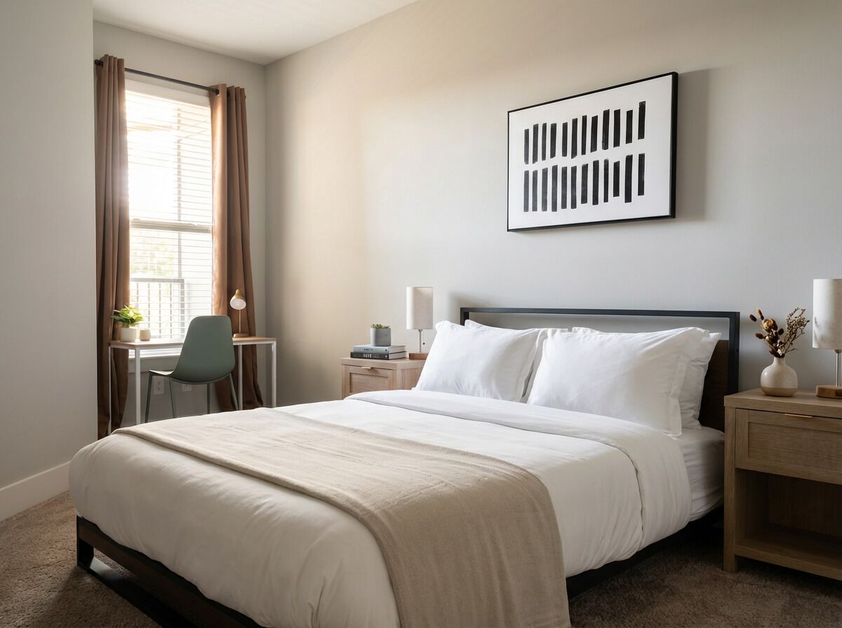 Une chambre d’hôtel comprenant un lit, un bureau, une chaise, une table de chevet, une œuvre d’art accrochée au mur et une fenêtre avec des rideaux.