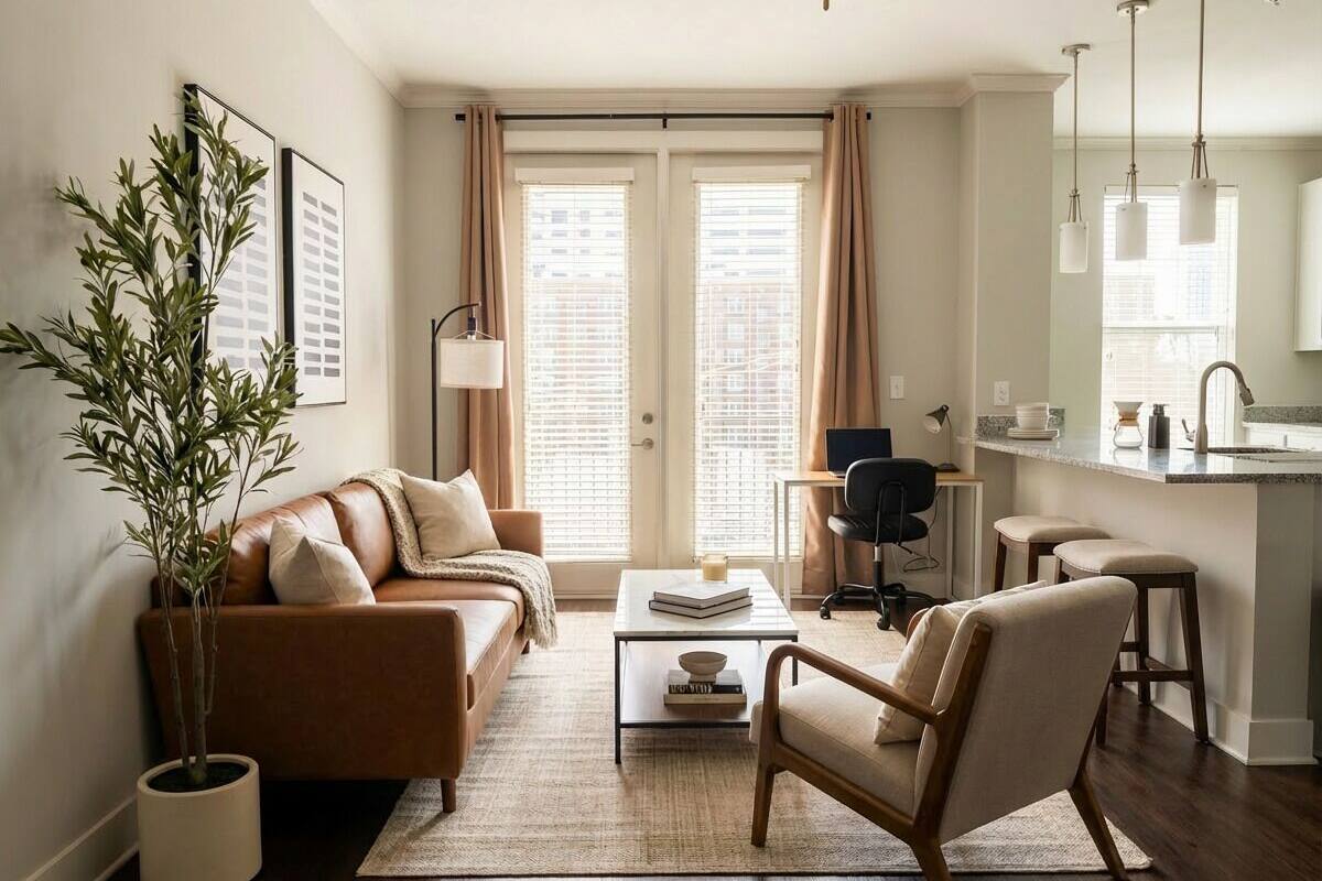 En moderne stue med sofa, lænestol, sofabord og en potteplante.