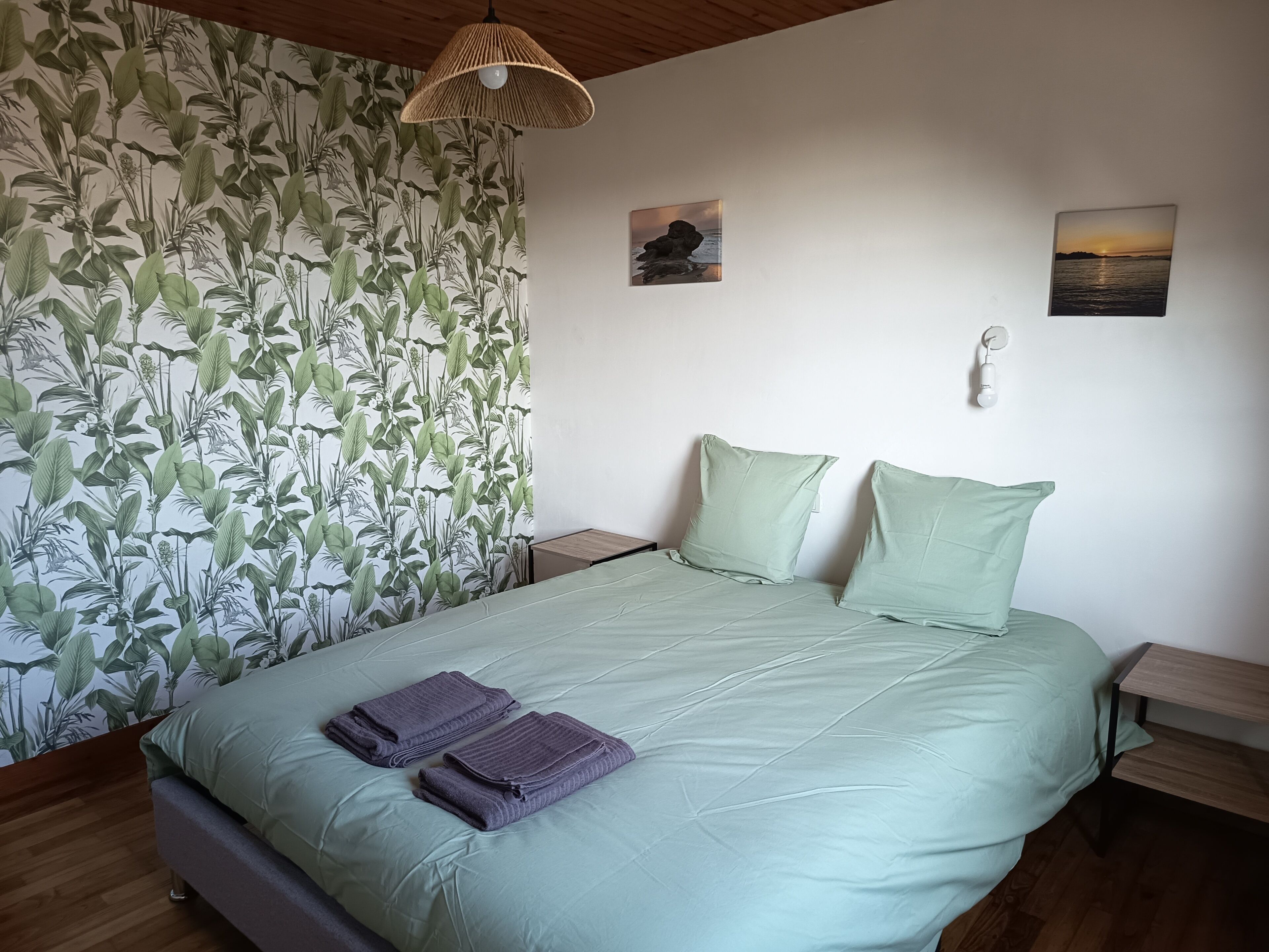 A bedroom with a bed, two pillows, a nightstand, a wall-mounted lamp, and a wall with a tropical plant wallpaper.