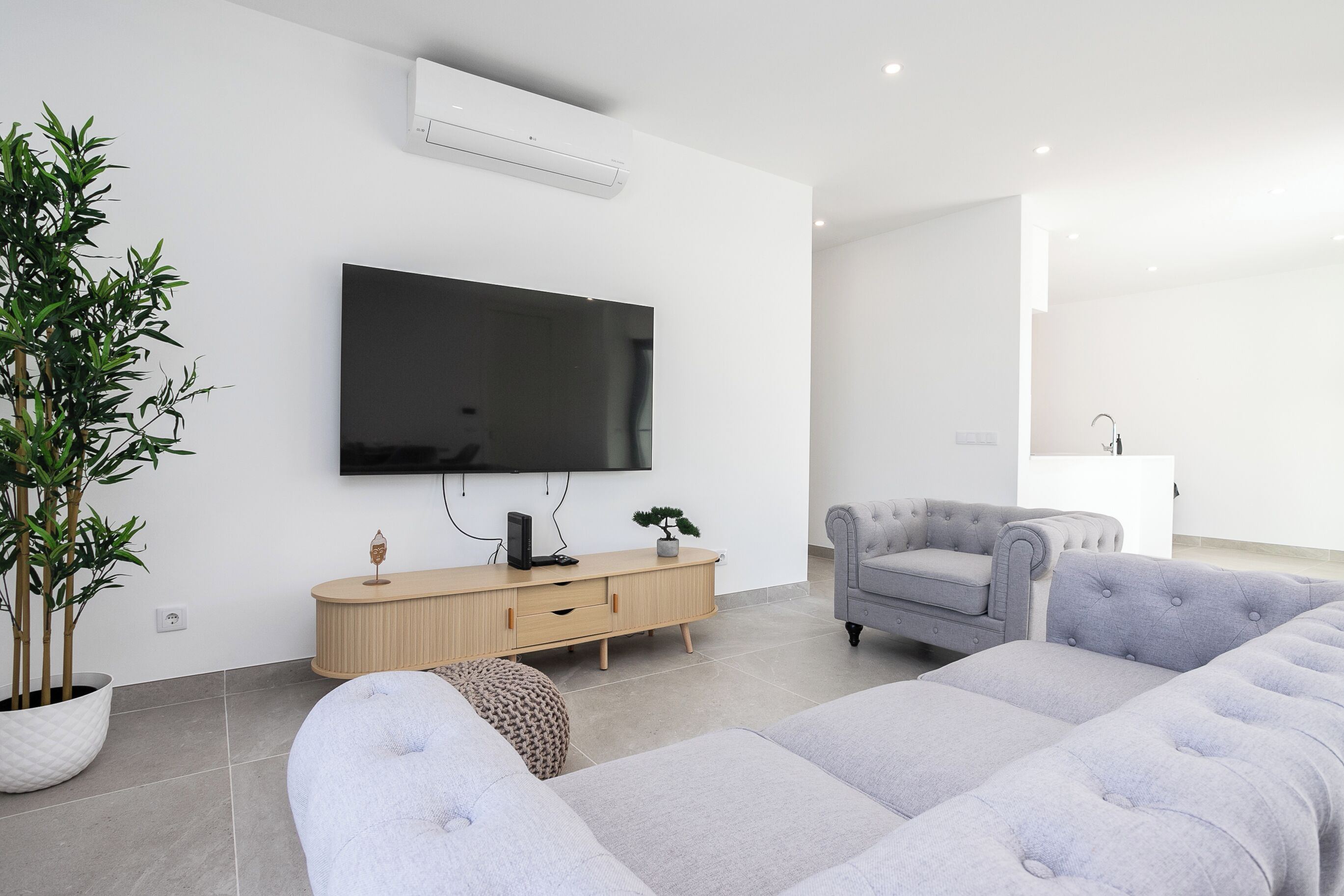A modern living room with a flat-screen TV, a grey sofa, a wooden cabinet, and a potted plant.