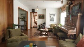 Smart TV, fireplace, DVD player, books