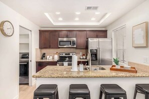Fridge, microwave, oven, stovetop - 2BR Retreat: Pool, Tesla Charger, Near Attractions (Tempe)
