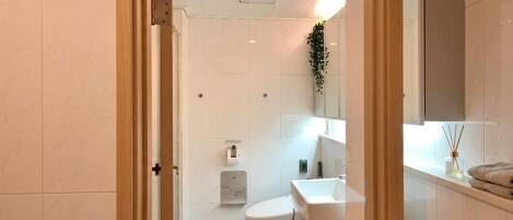 Shower, hair dryer, towels, soap