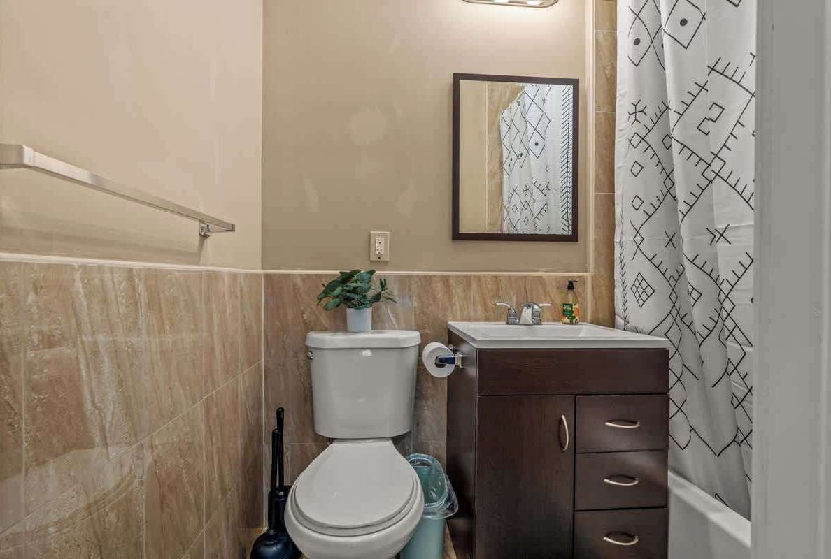 Shower, hair dryer, shampoo