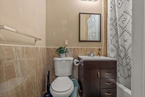 Shower, hair dryer, shampoo