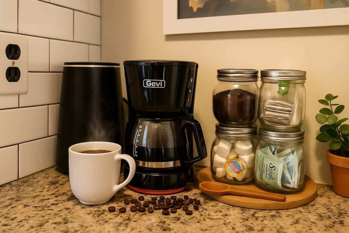 Une cuisine équipée d’une machine à café, d’une tasse et de pots contenant des grains de café.