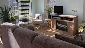 Un salon avec un grand canapé, un téléviseur, une bibliothèque et une fenêtre donnant sur les arbres.
