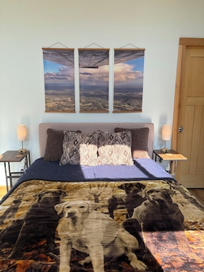 Una camera da letto con un letto, cuscini, un comodino, una lampada e una porta.
