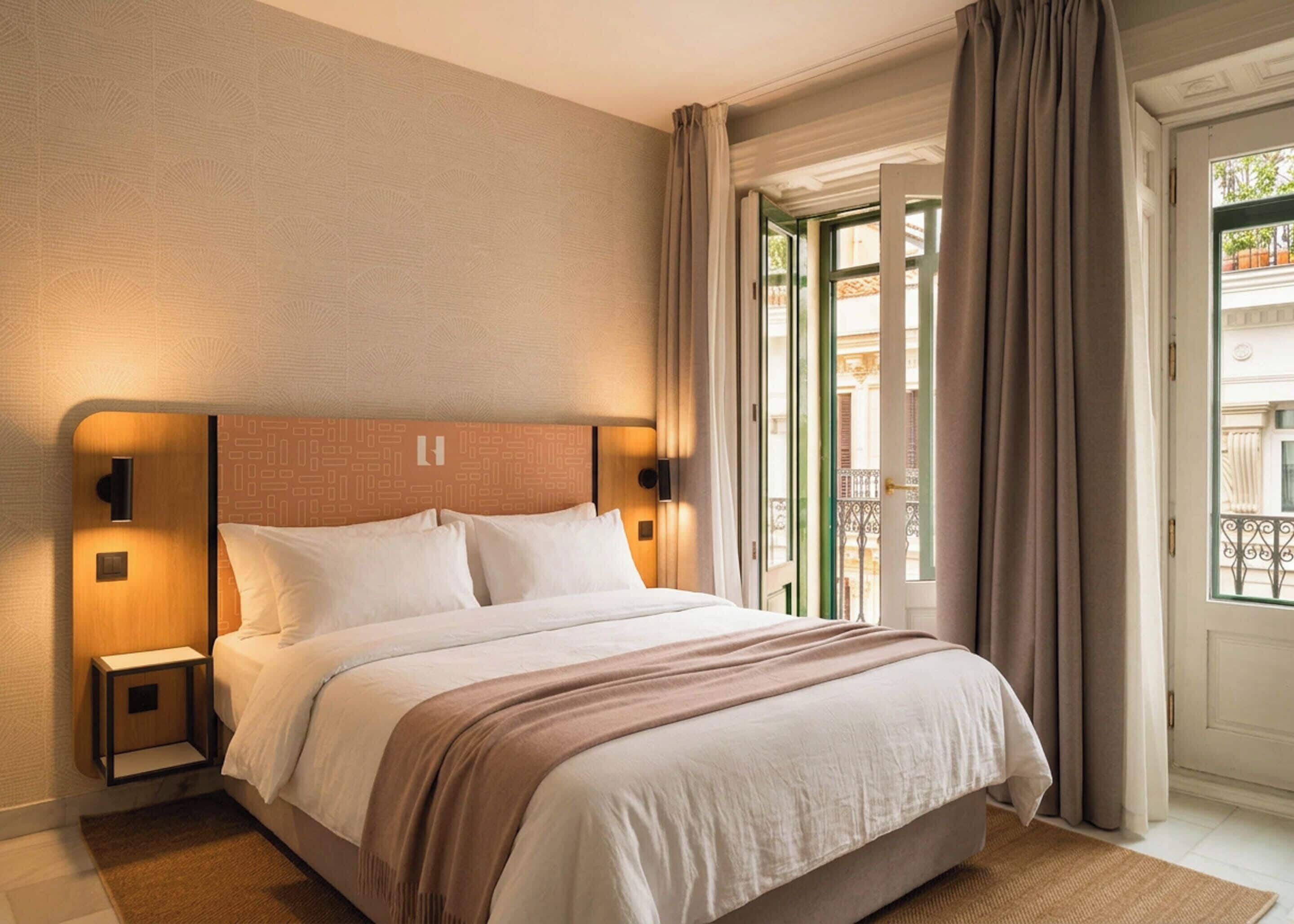 Hotellihuone, jossa on sänky, yöpöydällä olevat lamput, yöpöytä ja näkymä ulos.