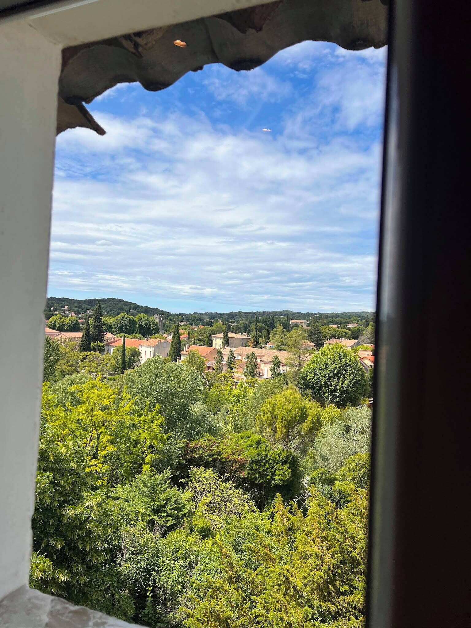 Une vue à travers une fenêtre, avec un ciel dégagé, une variété d’arbres et des bâtiments visibles au loin.