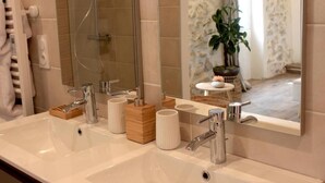A bathroom with a large mirror, two sinks, a shower, and a potted plant. - La Maison de Vaison (Vaison-la-Romaine)