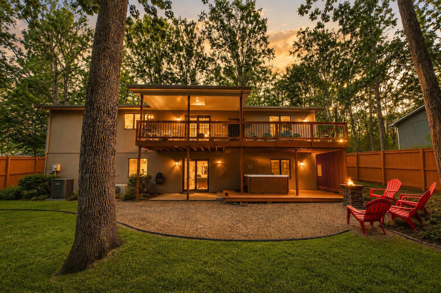 Une maison à deux étages avec un balcon, un jacuzzi et un foyer extérieur dans le jardin.