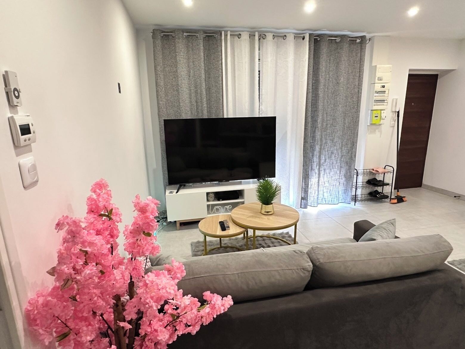 Una sala moderna con televisor de pantalla plana, sofá gris y una pequeña mesa redonda con una planta.