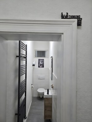 Chuveiro, secador de cabelo, toalhas de banho 