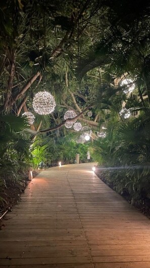 Ein Weg durch einen Garten mit hängenden, kugelförmigen Lichtern.