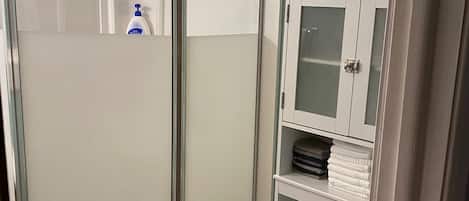 Shower, hair dryer, towels, soap