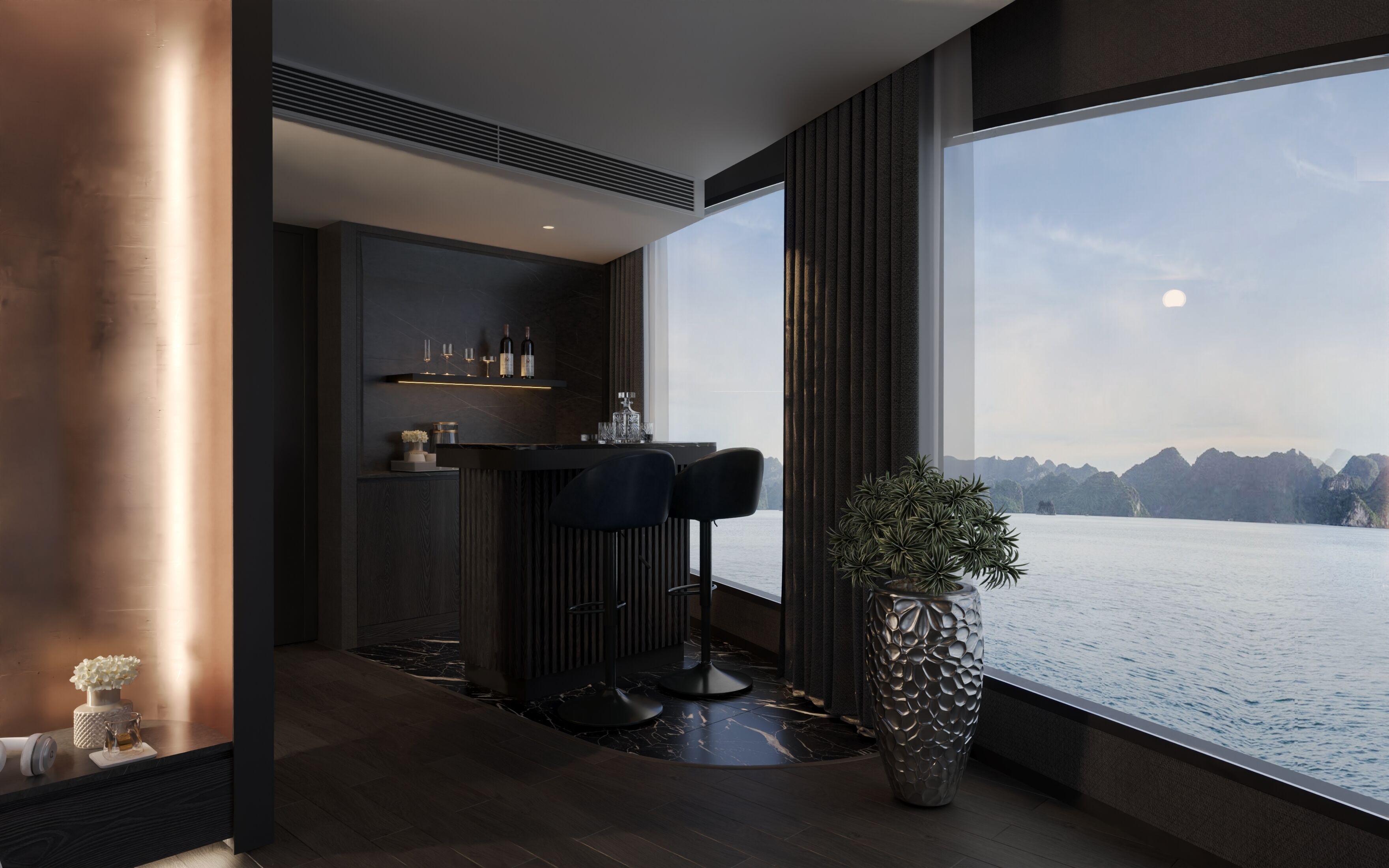 VIP Suite with Ocean View | Living area | 43-inch flat-screen TV with cable channels, fireplace