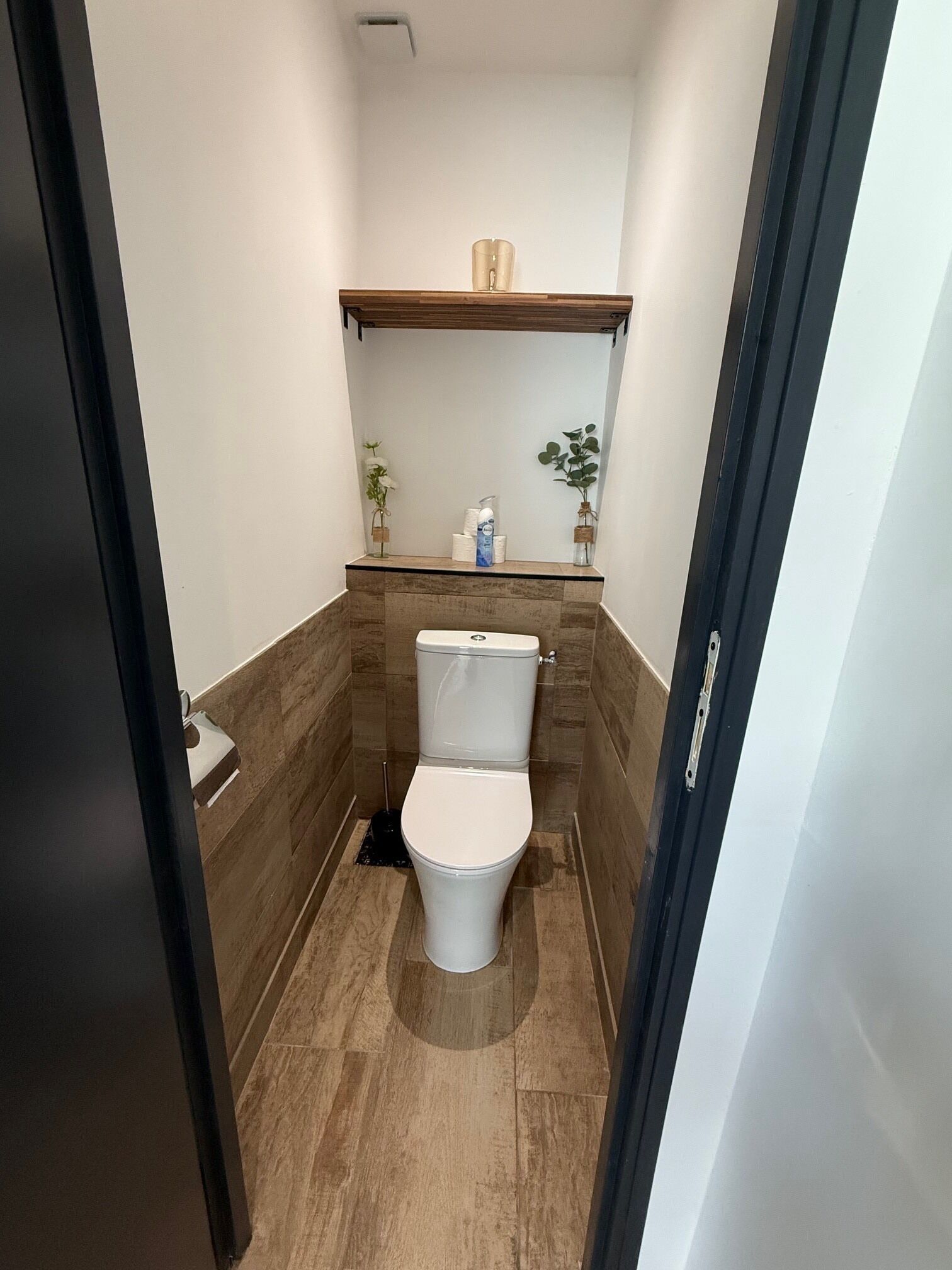 A compact bathroom with a toilet, a shelf with toiletries, and a small plant.