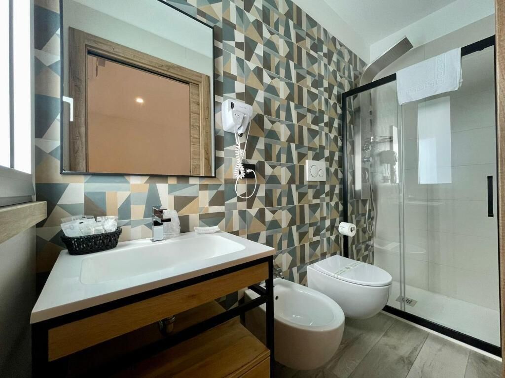 Shower, hair dryer, bidet, towels