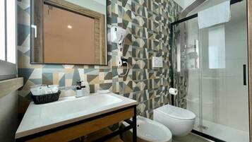 Shower, hair dryer, bidet, towels