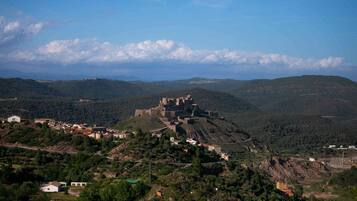 A castle on a hill with surrounding buildings and a clear sky.