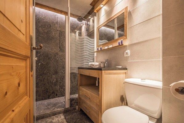 Hair dryer, towels, soap, shampoo