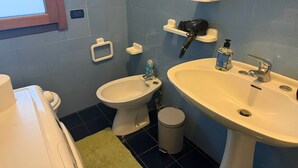 Un bany amb bidet, rentapel, mirall, tovallola i paperera.