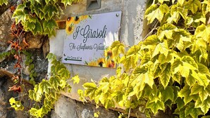 En stenvæg med et skilt, der viser 'I Girasoli The Sunflowers Vacation', og en synlig adresse 'Convo 61 A'.