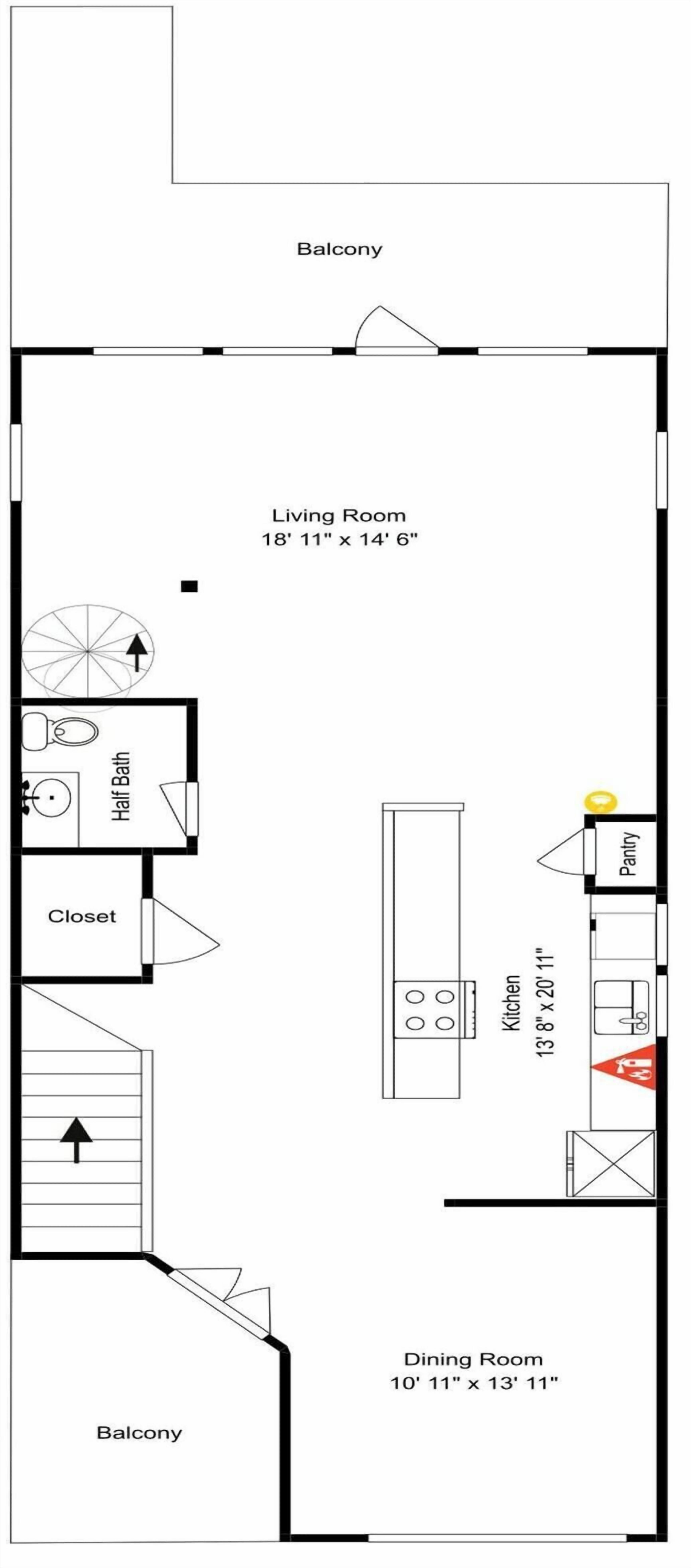 Un plan d’étage comprenant un salon, une salle à manger, une cuisine, des toilettes et un balcon.