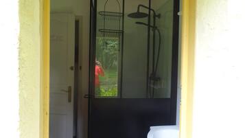 Shower, hair dryer, towels