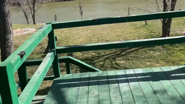 Een groene houten bank met uitzicht op een grasveld en bomen.