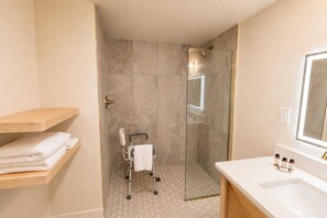 Habitación, 1 cama de matrimonio grande, ducha adaptada | Baño | Ducha, toallas, jabón y champú