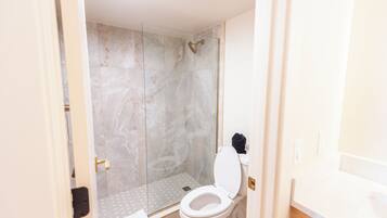 A bathroom with a shower, toilet, and a glass-enclosed shower area.