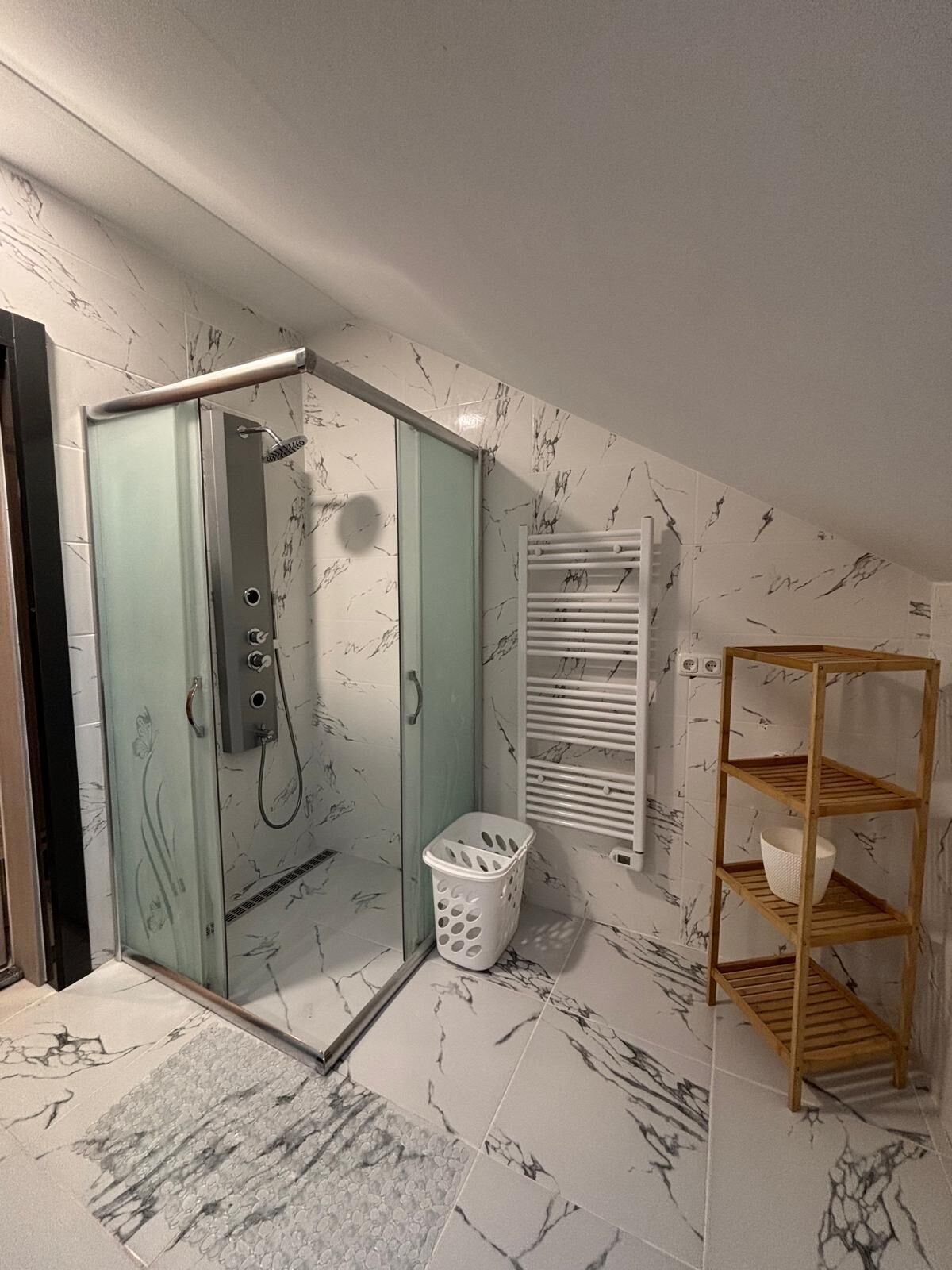 Shower, towels, soap, toilet paper