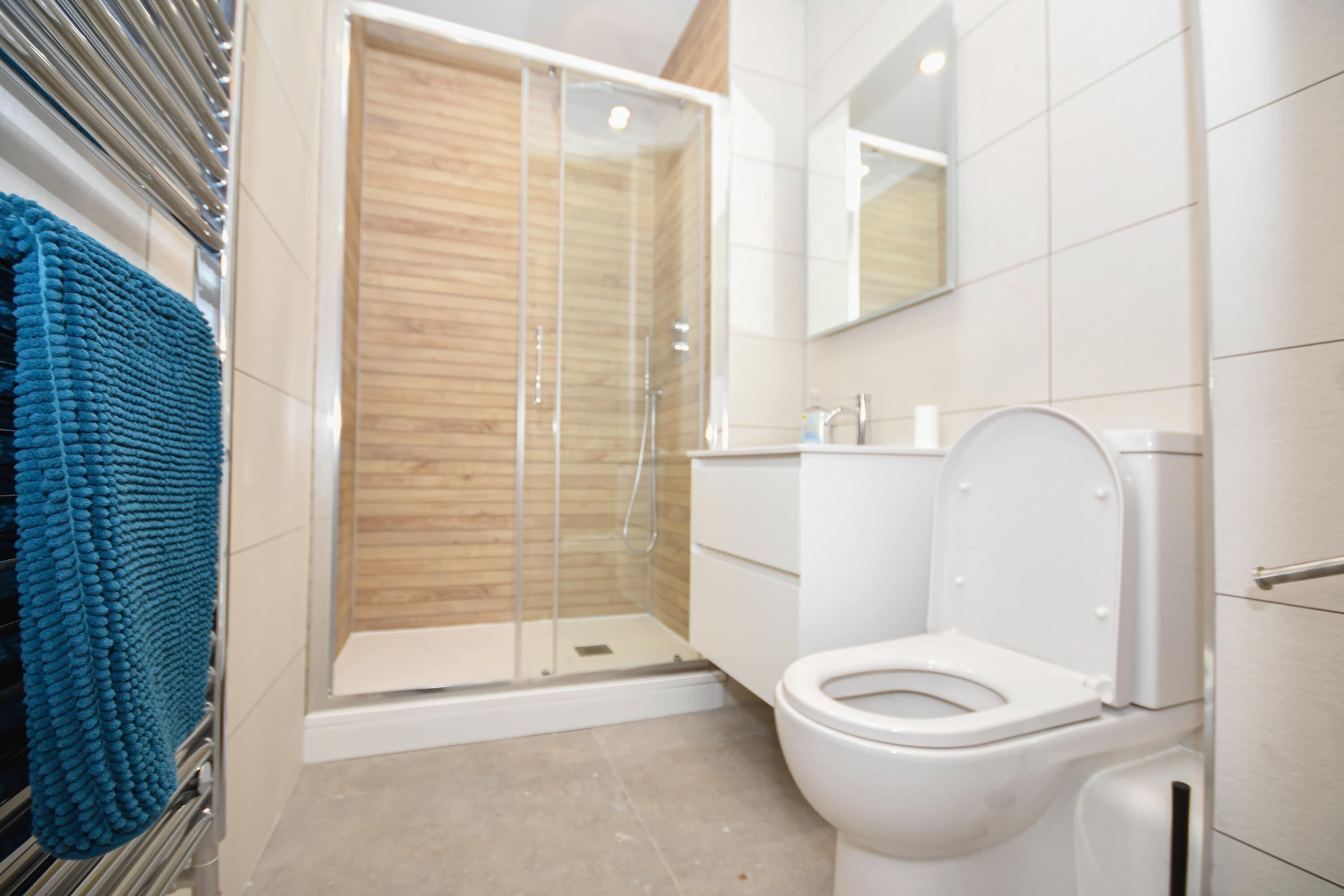Shower, hair dryer, towels, shampoo