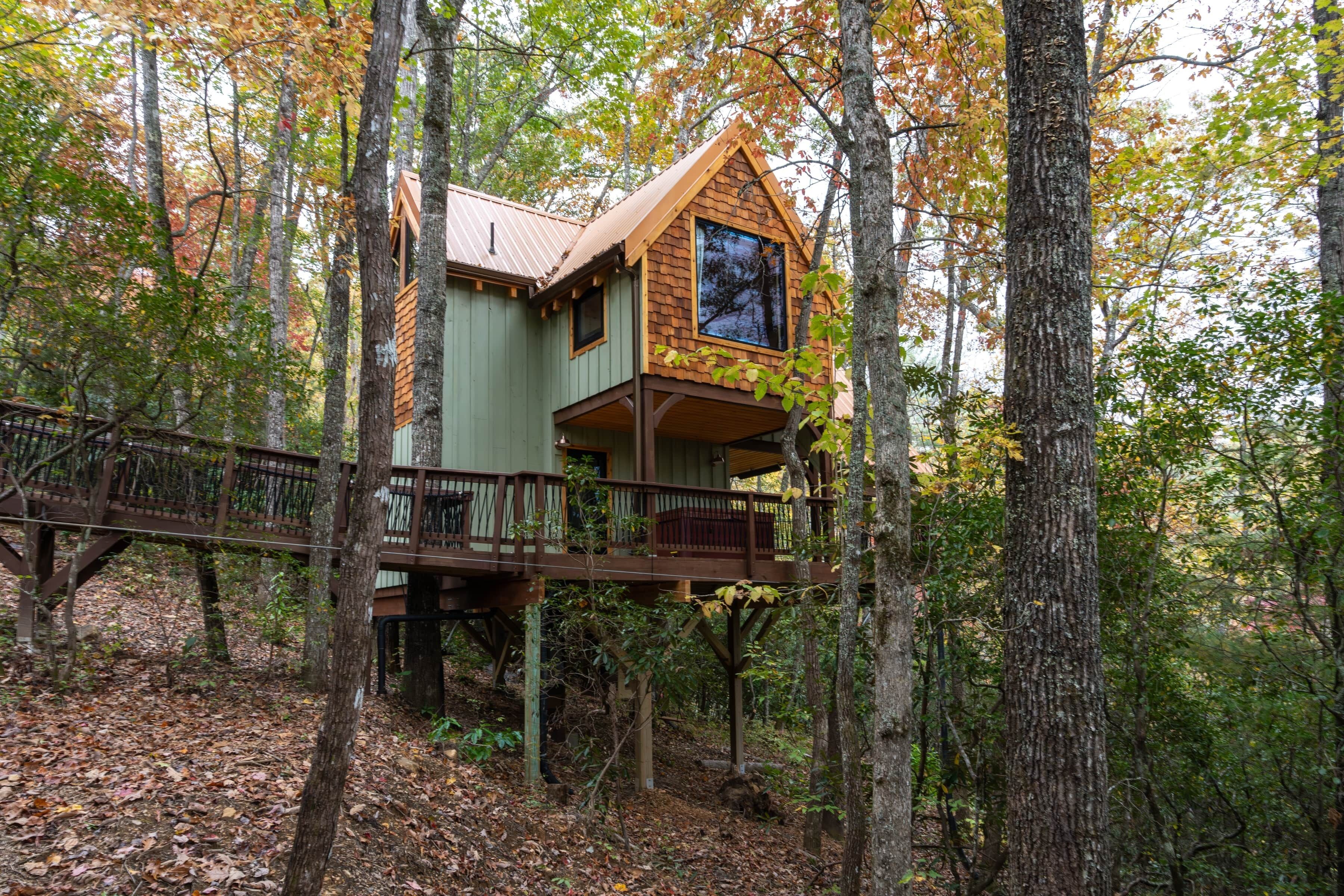 A treehouse with a wooden deck and a metal railing, surrounded by a forest.