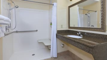Hair dryer, towels, soap, shampoo