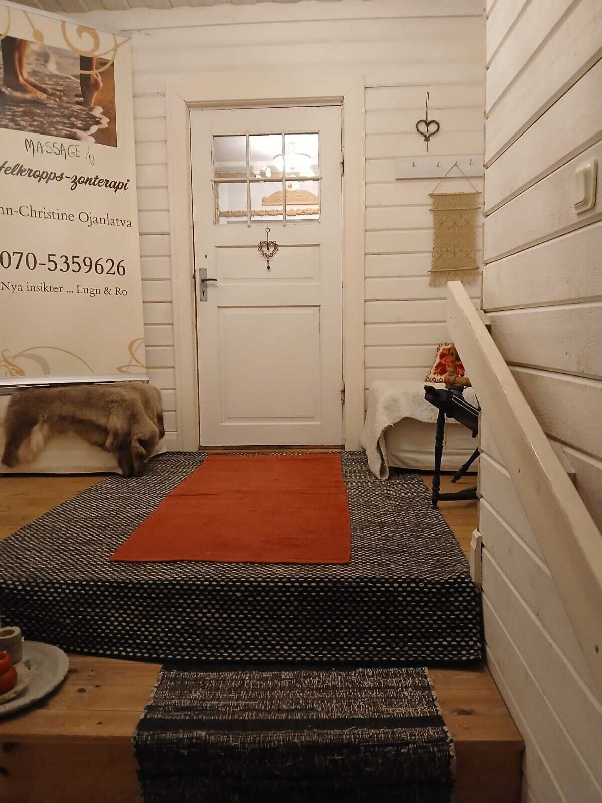 Huoneessa on valkoinen ovi, pieni matto, kissa ja juliste seinällä.