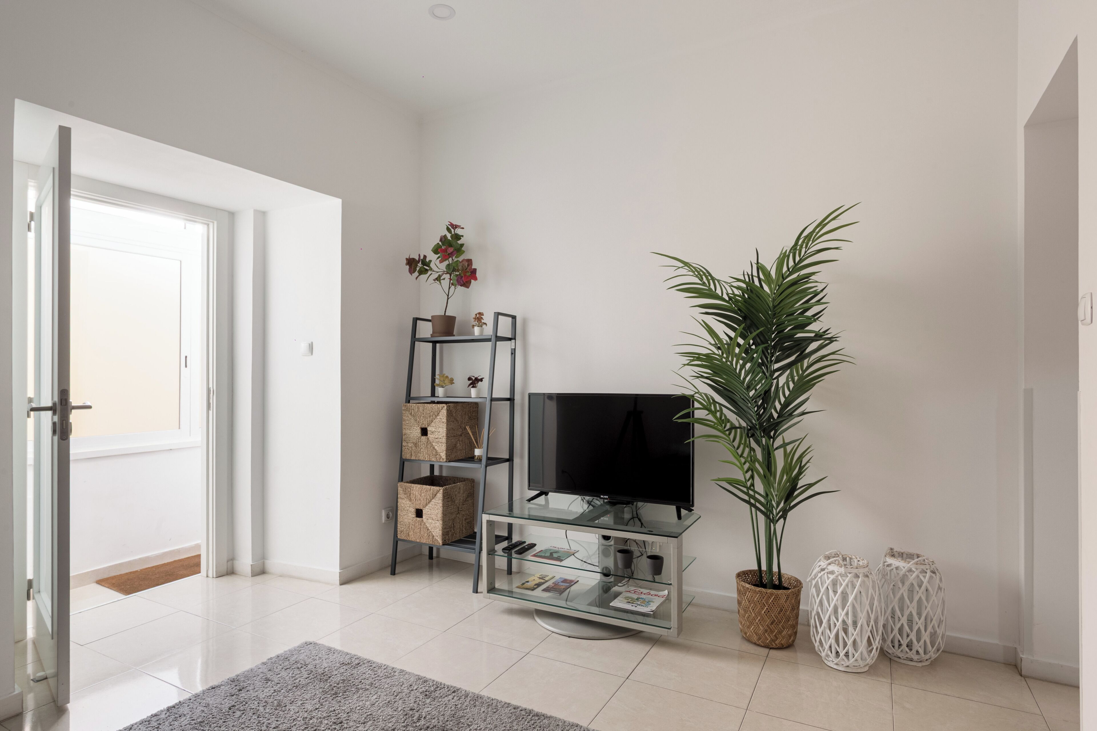 Uma sala de estar com um rack de vidro para TV, uma planta em vaso e uma estante.