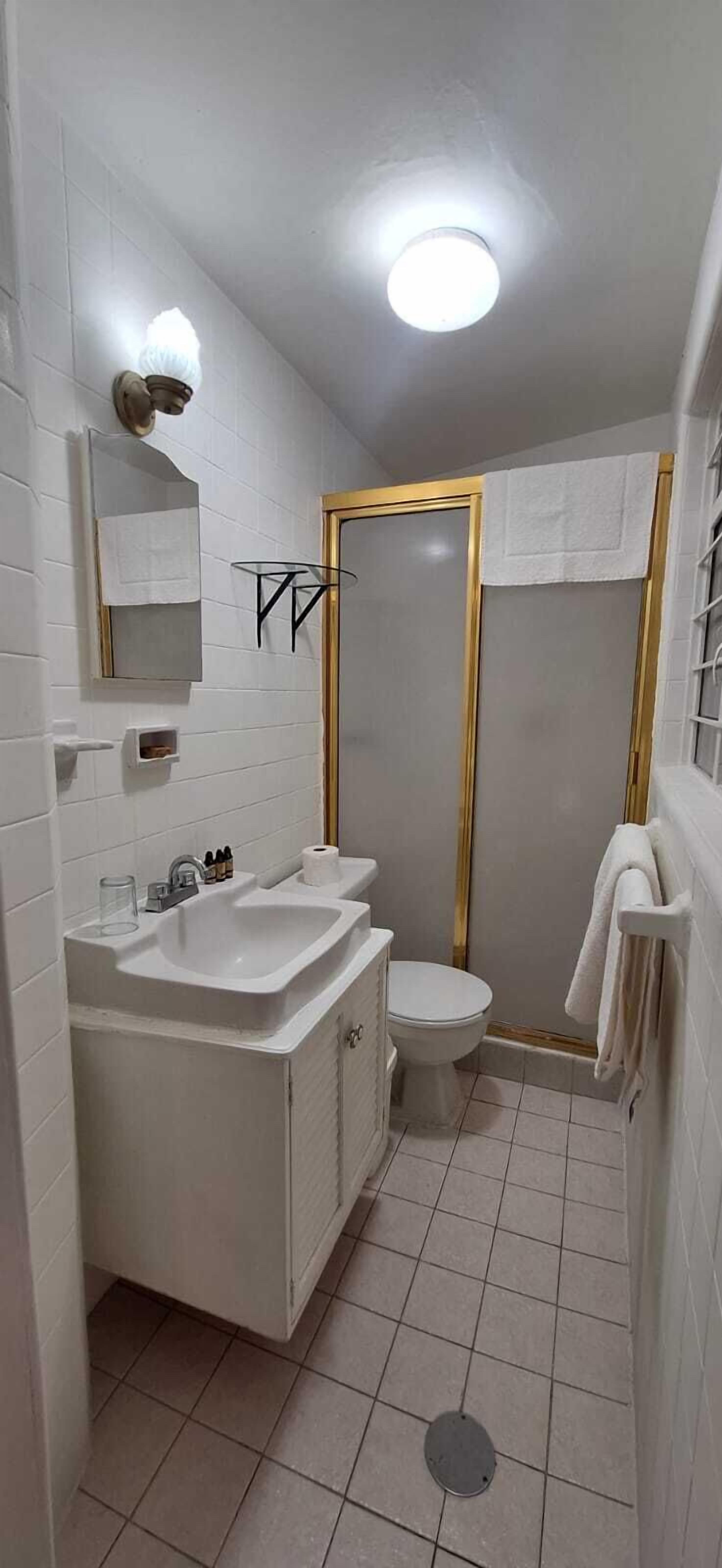 Baño con lavamanos, inodoro y zona de ducha blanca.