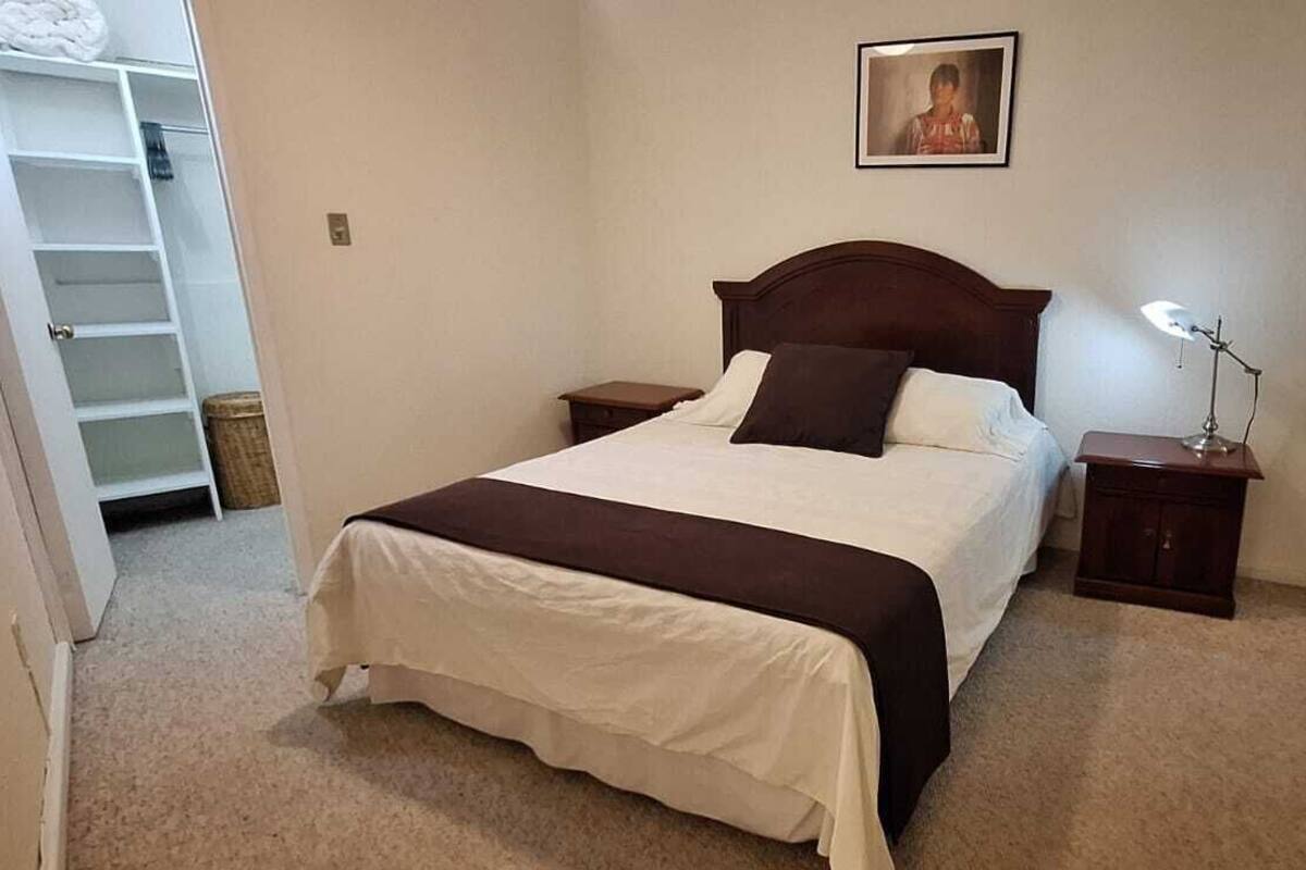 A bedroom with a bed, bedside tables, a nightstand, a lamp, a closet, and a door.