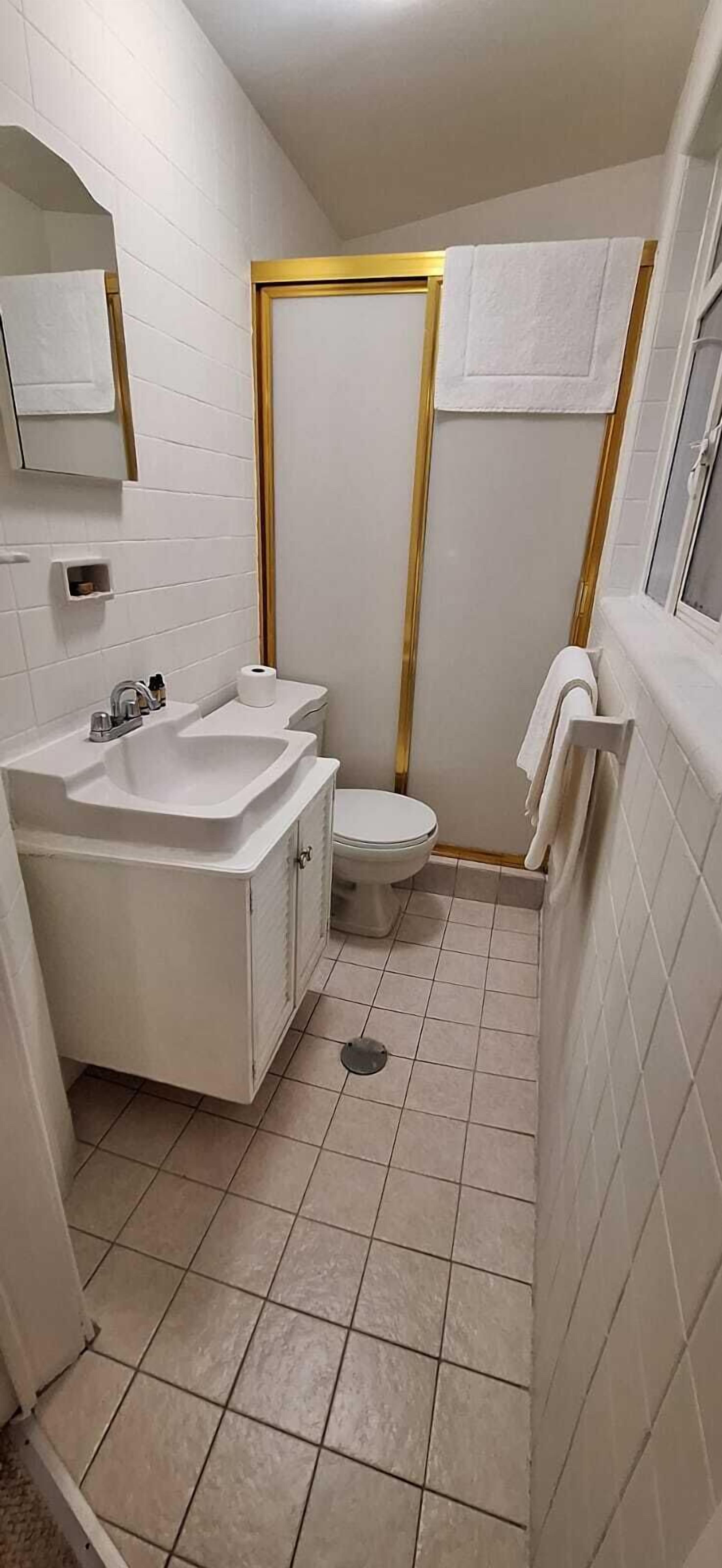 Un baño pequeño con lavamanos, inodoro y zona de ducha blancos.