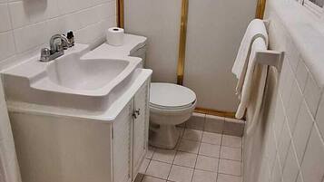 Un baño pequeño con lavamanos, inodoro y zona de ducha blancos.