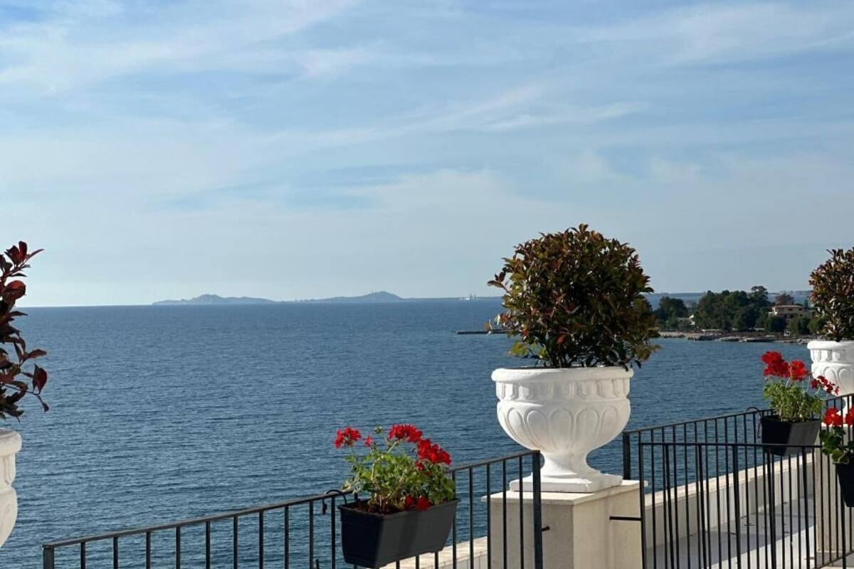 Un balcon donnant sur la mer, agrémenté de plantes en pot et doté d’une balustrade.