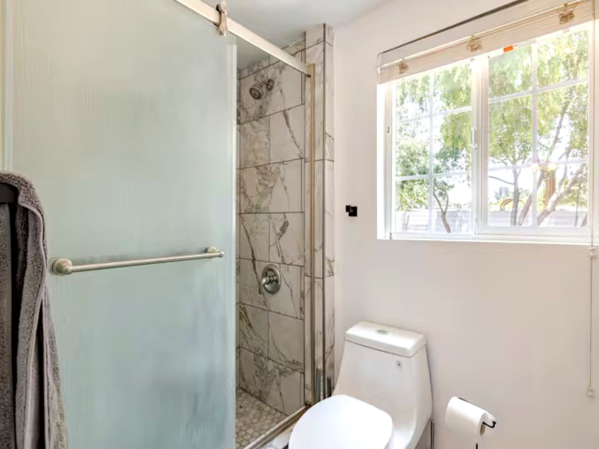 Hair dryer, towels, soap, toilet paper