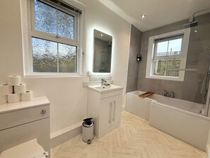 Shower, hair dryer, towels