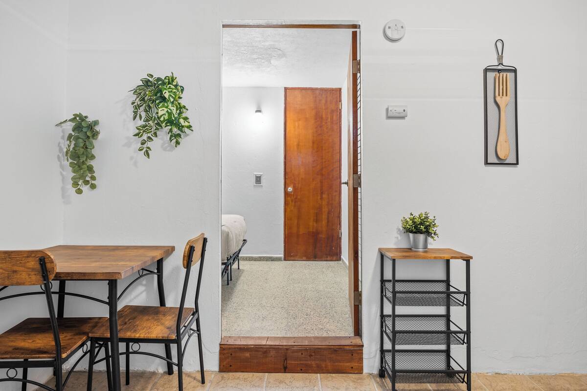A room with a wooden table and chairs, a small potted plant, and a door leading to another room.