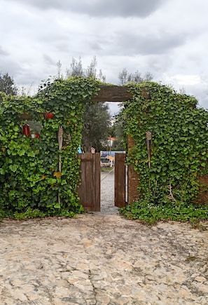 Une entrée pavée de pierres, avec un portail en bois partiellement recouvert de lierre.