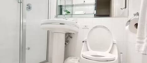 Hair dryer, towels, soap, toilet paper