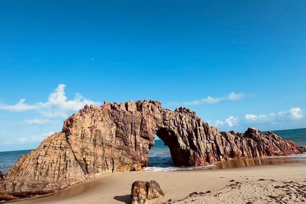 Nær stranden, solsenger og strandhåndklær